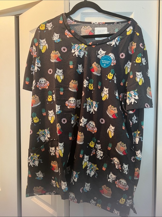 Cherokee Tops - Cherokee Black Short Sleeve Tee with Colorful Cat & Food Print